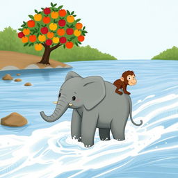 A gray baby elephant is standing in the rushing river, with a brown monkey perched on its back, navigating toward the opposite shore