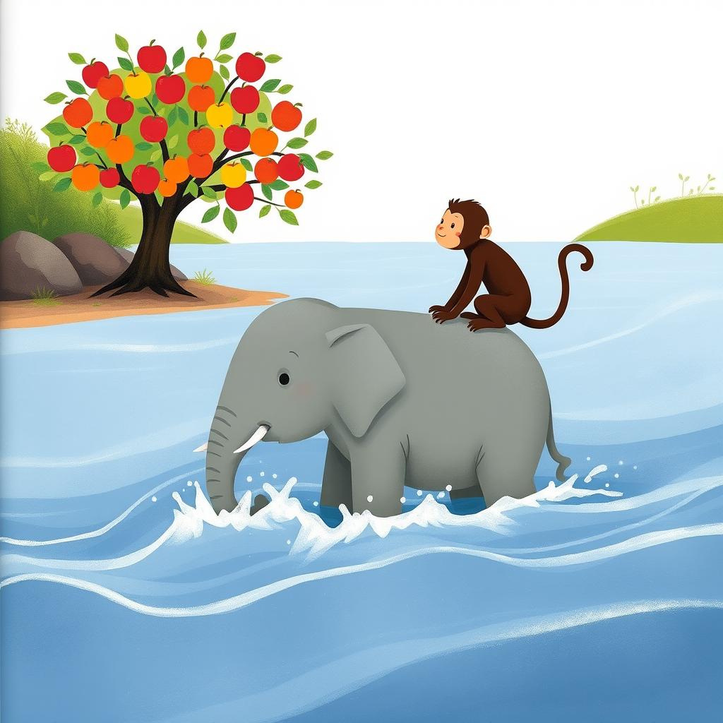 A gray baby elephant is standing in the rushing river, with a brown monkey perched on its back, navigating toward the opposite shore