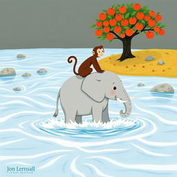 A gray baby elephant is standing in the rushing river, with a brown monkey perched on its back, navigating toward the opposite shore