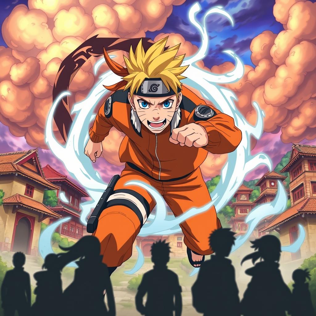 A dynamic and action-packed scene featuring Naruto Uzumaki in his iconic orange jumpsuit and headband, charging forward with a determined expression