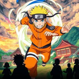 A dynamic and action-packed scene featuring Naruto Uzumaki in his iconic orange jumpsuit and headband, charging forward with a determined expression