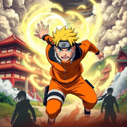 A dynamic and action-packed scene featuring Naruto Uzumaki in his iconic orange jumpsuit and headband, charging forward with a determined expression
