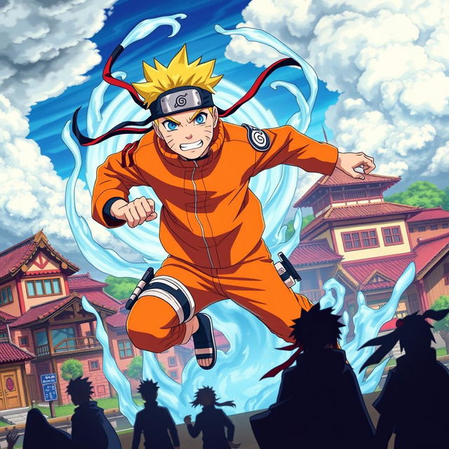 A dynamic and action-packed scene featuring Naruto Uzumaki in his iconic orange jumpsuit and headband, charging forward with a determined expression