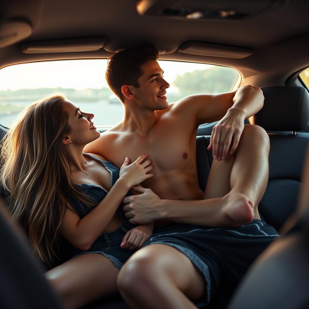 A young, attractive woman and an attractive young man in a romantic, passionate moment inside a car