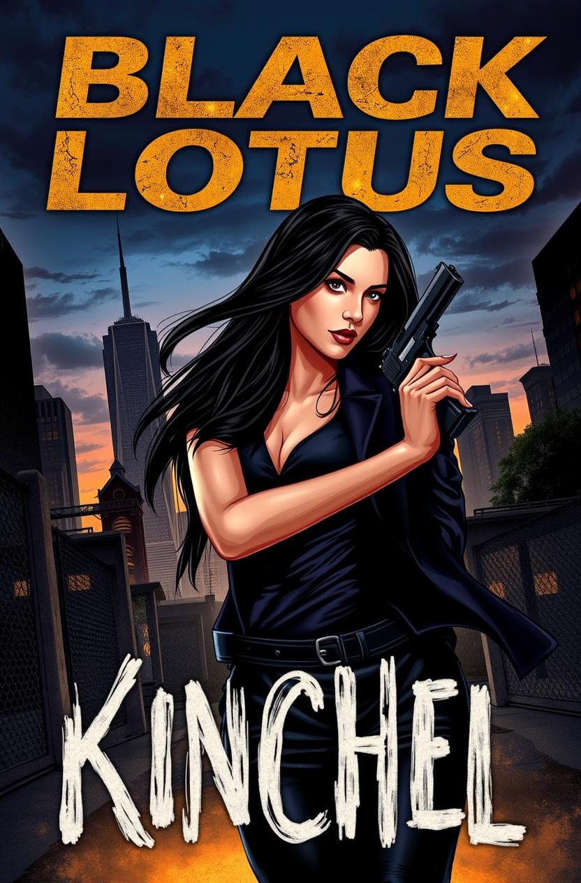 A striking book cover illustration featuring a female secret agent with long, dark hair, holding a sleek gun
