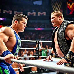 A dramatic wrestling match scene featuring two athletic male wrestlers, John Cena and The Miz, in a wrestling ring