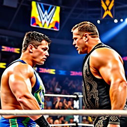 A dramatic wrestling match scene featuring two athletic male wrestlers, John Cena and The Miz, in a wrestling ring