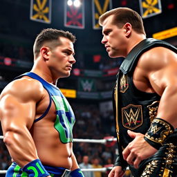 A dramatic wrestling match scene featuring two athletic male wrestlers, John Cena and The Miz, in a wrestling ring