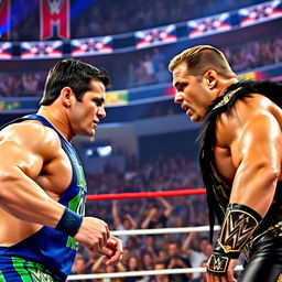 A dramatic wrestling match scene featuring two athletic male wrestlers, John Cena and The Miz, in a wrestling ring
