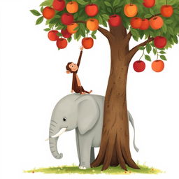 A gray baby elephant is standing at the base of a tall apple tree, while a brown monkey balances on its back, eagerly reaching for the ripe apples hanging from the branches above