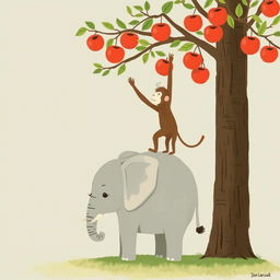 A gray baby elephant is standing at the base of a tall apple tree, while a brown monkey balances on its back, eagerly reaching for the ripe apples hanging from the branches above
