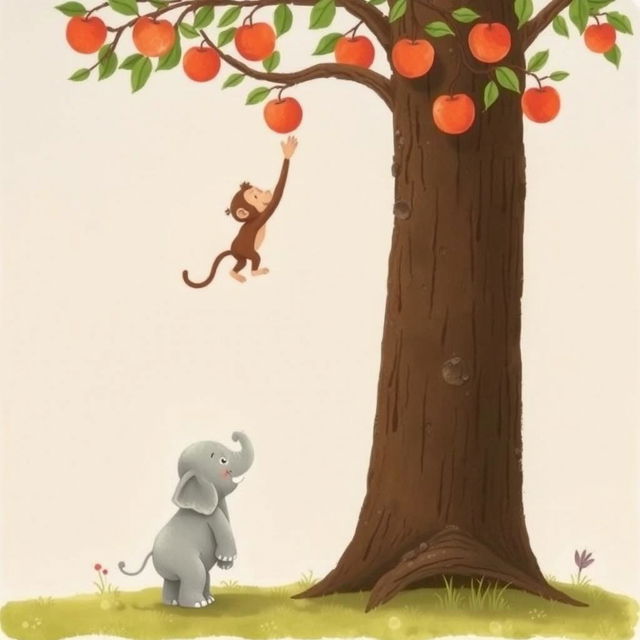 A gray baby elephant is standing at the base of a tall apple tree, while a brown monkey balances on its back, eagerly reaching for the ripe apples hanging from the branches above