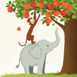 A gray baby elephant is standing at the base of a tall apple tree, while a brown monkey balances on its back, eagerly reaching for the ripe apples hanging from the branches above