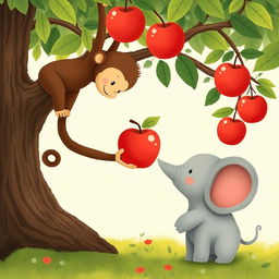 Under an apple tree, a brown monkey is extending a shiny red apple toward a gray baby elephant, creating a heartwarming scene of friendship