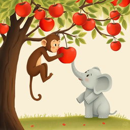 Under an apple tree, a brown monkey is extending a shiny red apple toward a gray baby elephant, creating a heartwarming scene of friendship
