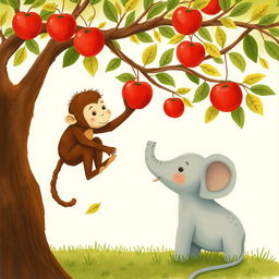 Under an apple tree, a brown monkey is extending a shiny red apple toward a gray baby elephant, creating a heartwarming scene of friendship