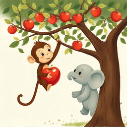 Under an apple tree, a brown monkey is extending a shiny red apple toward a gray baby elephant, creating a heartwarming scene of friendship