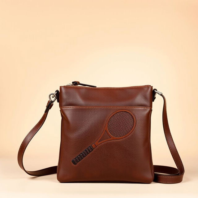 A stylish crossbody leather bag with a unique design, featuring a tennis arm motif