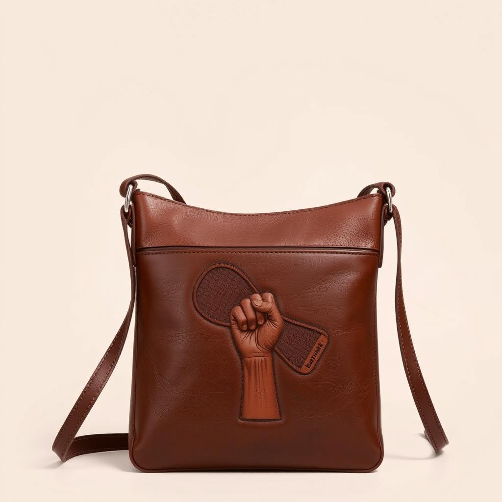 A stylish crossbody leather bag with a unique design, featuring a tennis arm motif