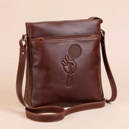 A stylish crossbody leather bag with a unique design, featuring a tennis arm motif