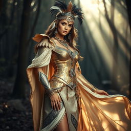 A stunning model in a lavish costume inspired by ancient mythology, featuring intricate gold and silver patterns, flowing fabrics, and elaborate accessories