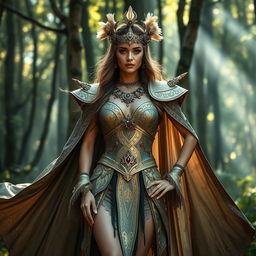 A stunning model in a lavish costume inspired by ancient mythology, featuring intricate gold and silver patterns, flowing fabrics, and elaborate accessories