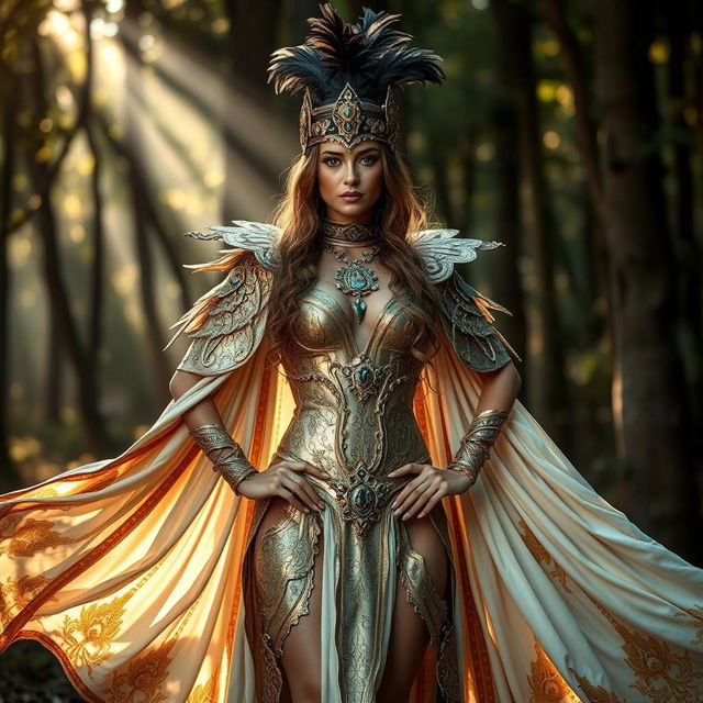 A stunning model in a lavish costume inspired by ancient mythology, featuring intricate gold and silver patterns, flowing fabrics, and elaborate accessories