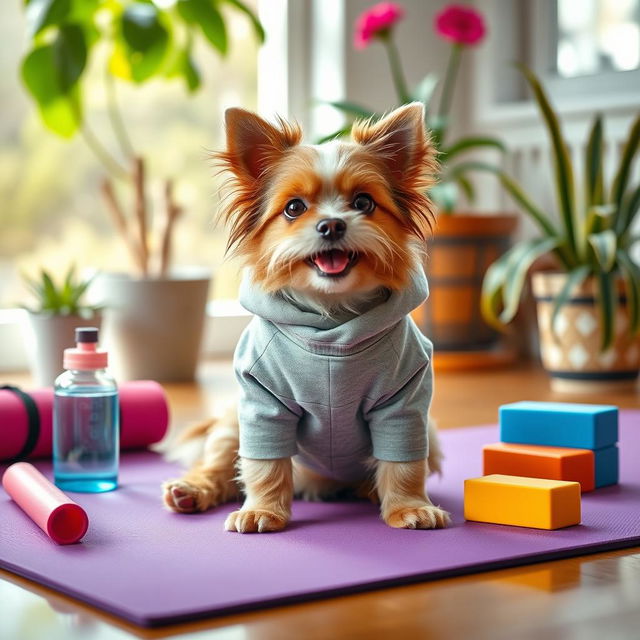 A cute small dog wearing colorful yoga pants and a matching sweatshirt, sitting playfully on a yoga mat, surrounded by vibrant accessories like a water bottle and yoga blocks, with a bright and cheerful background that includes potted plants and a sunny window, capturing a playful and energetic vibe