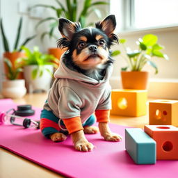 A cute small dog wearing colorful yoga pants and a matching sweatshirt, sitting playfully on a yoga mat, surrounded by vibrant accessories like a water bottle and yoga blocks, with a bright and cheerful background that includes potted plants and a sunny window, capturing a playful and energetic vibe