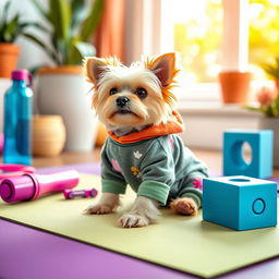 A cute small dog wearing colorful yoga pants and a matching sweatshirt, sitting playfully on a yoga mat, surrounded by vibrant accessories like a water bottle and yoga blocks, with a bright and cheerful background that includes potted plants and a sunny window, capturing a playful and energetic vibe