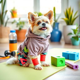 A cute small dog wearing colorful yoga pants and a matching sweatshirt, sitting playfully on a yoga mat, surrounded by vibrant accessories like a water bottle and yoga blocks, with a bright and cheerful background that includes potted plants and a sunny window, capturing a playful and energetic vibe