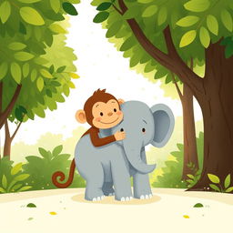 In a serene forest, a brown monkey is gently hugging a gray baby elephant, showcasing a heartwarming display of friendship