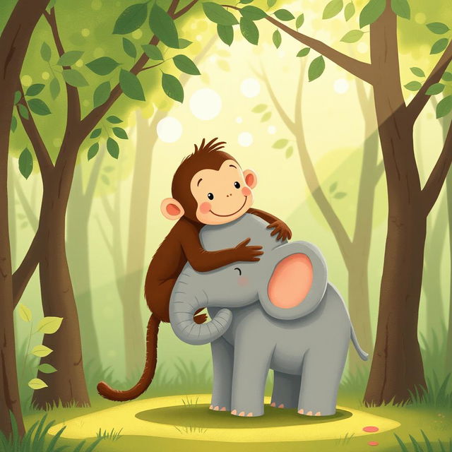 In a serene forest, a brown monkey is gently hugging a gray baby elephant, showcasing a heartwarming display of friendship