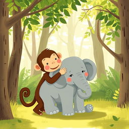 In a serene forest, a brown monkey is gently hugging a gray baby elephant, showcasing a heartwarming display of friendship