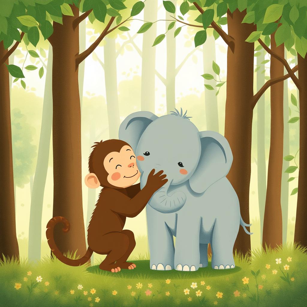 In a serene forest, a brown monkey is gently hugging a gray baby elephant, showcasing a heartwarming display of friendship