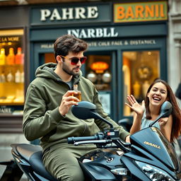 A young, handsome man dressed in olive green sportswear and stylish red sunglasses, sitting confidently on a sleek motorcycle