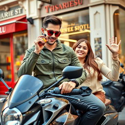 A young, handsome man dressed in olive green sportswear and stylish red sunglasses, sitting confidently on a sleek motorcycle