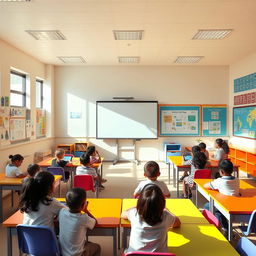 A bright and modern classroom featuring a large digital whiteboard at the front