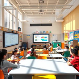 A bright and modern classroom featuring a large digital whiteboard at the front