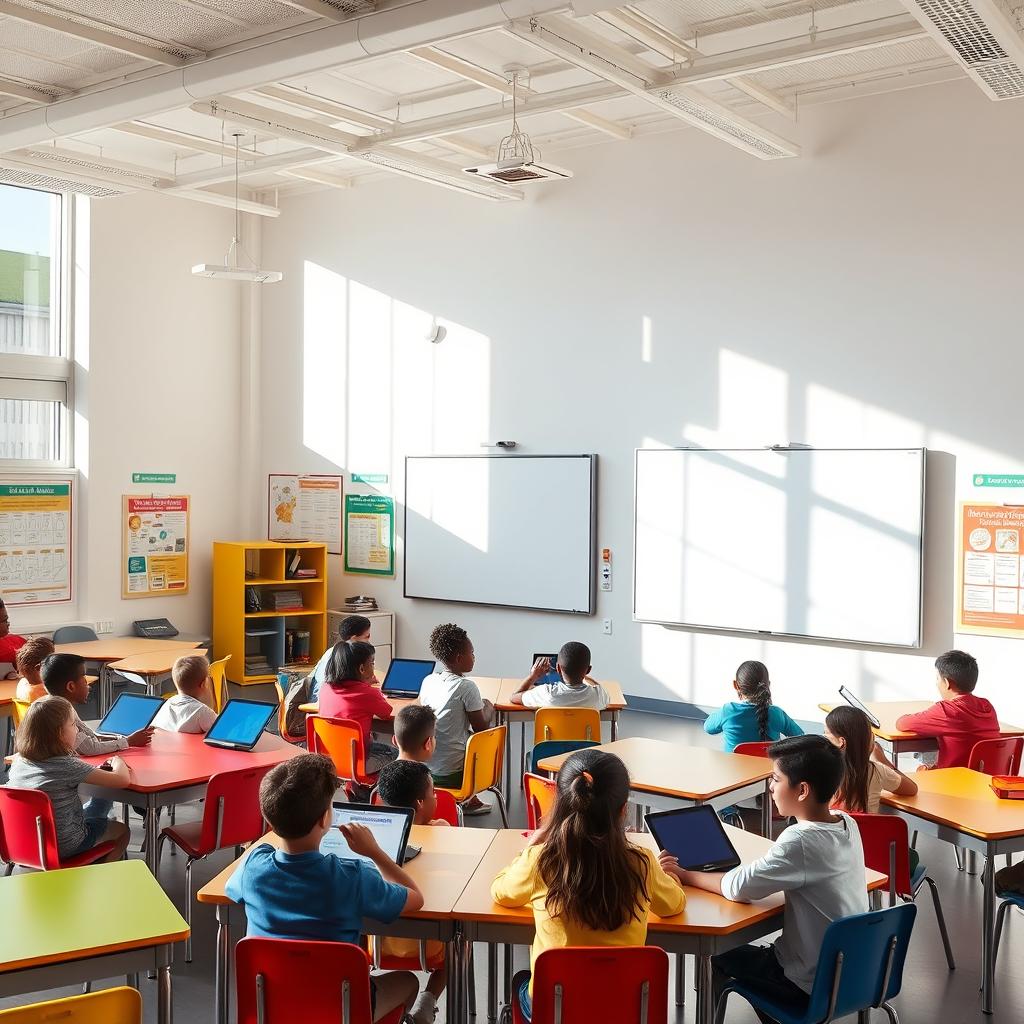 A bright and modern classroom featuring a large digital whiteboard at the front