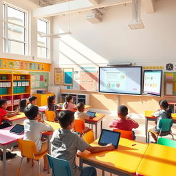 A bright and modern classroom featuring a large digital whiteboard at the front