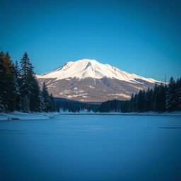 A serene winter landscape featuring a majestic mountain range in the background, covered in a blanket of fresh, sparkling snow