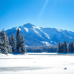 A serene winter landscape featuring a majestic mountain range in the background, covered in a blanket of fresh, sparkling snow