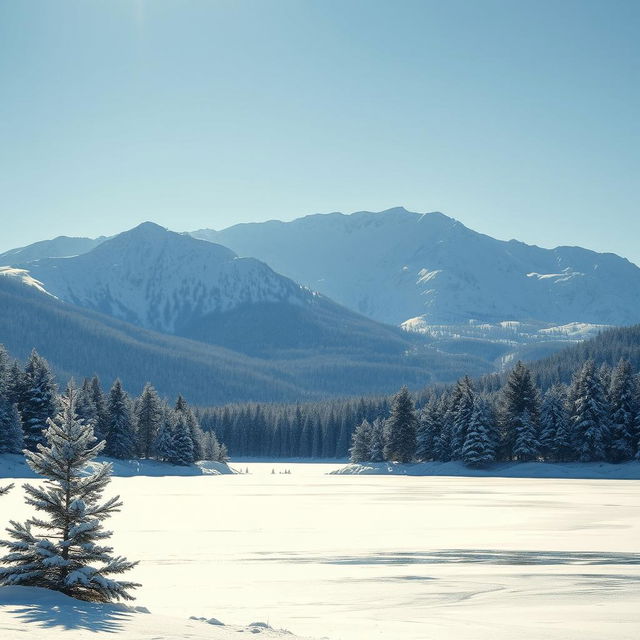 A serene winter landscape featuring a majestic mountain range in the background, covered in a blanket of fresh, sparkling snow