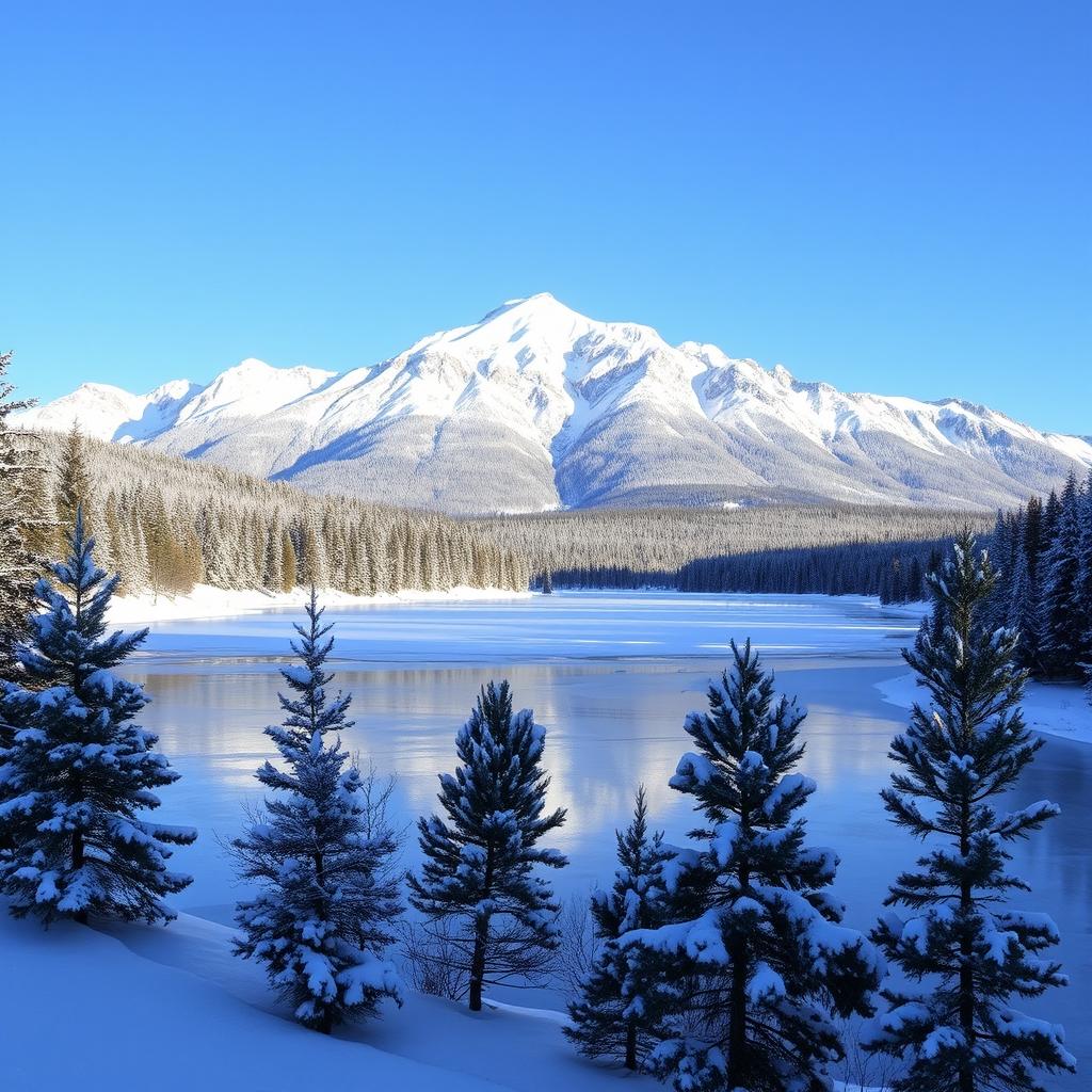 A serene winter landscape featuring a majestic mountain range in the background, covered in a blanket of fresh, sparkling snow