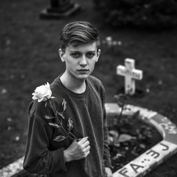 A young man holding a white rose, standing next to an open grave during spring