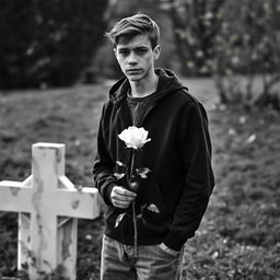 A young man holding a white rose, standing next to an open grave during spring