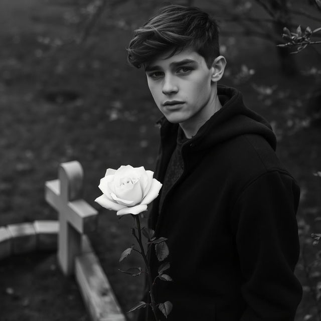 A young man holding a white rose, standing next to an open grave during spring