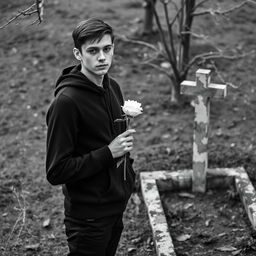 A young man holding a white rose, standing next to an open grave during spring
