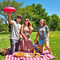 A vibrant, colorful scene depicting three friends sharing joyful moments together in a sunny park